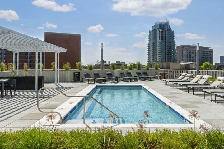 Rooftop pool with lounging chairs under a clear blue sky, surrounded by city buildings and a shaded seating area.